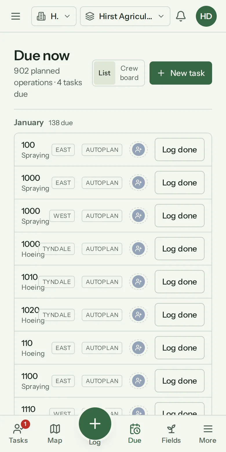 Screenshot of AgroTellus's Due Now screen on a phone — pending tillage and bedforming operations grouped by month, each with a Log done button