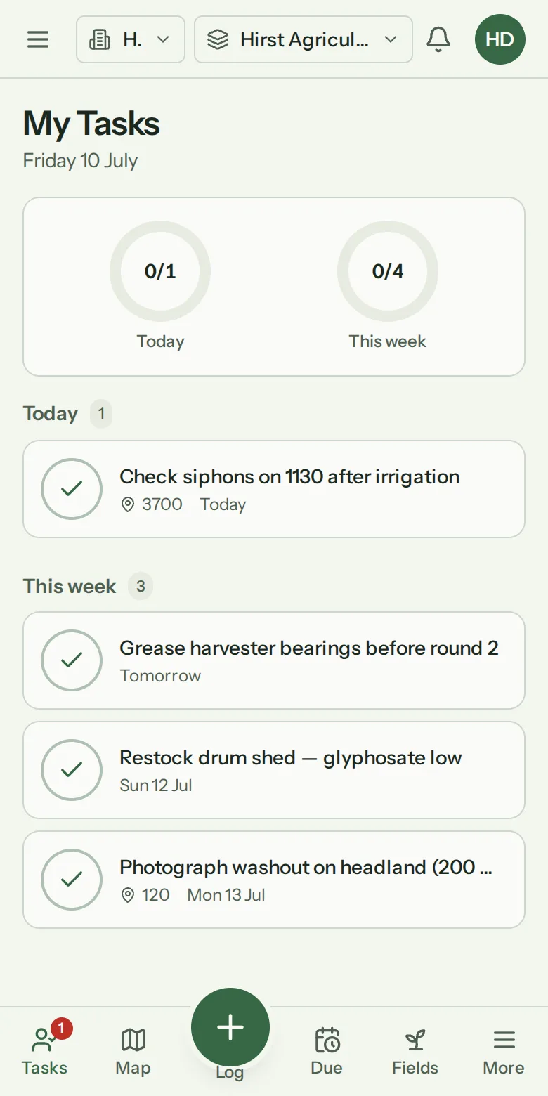 Screenshot of AgroTellus's My Tasks screen on a phone — progress rings for today and this week above a list of assigned jobs with one-tap complete buttons